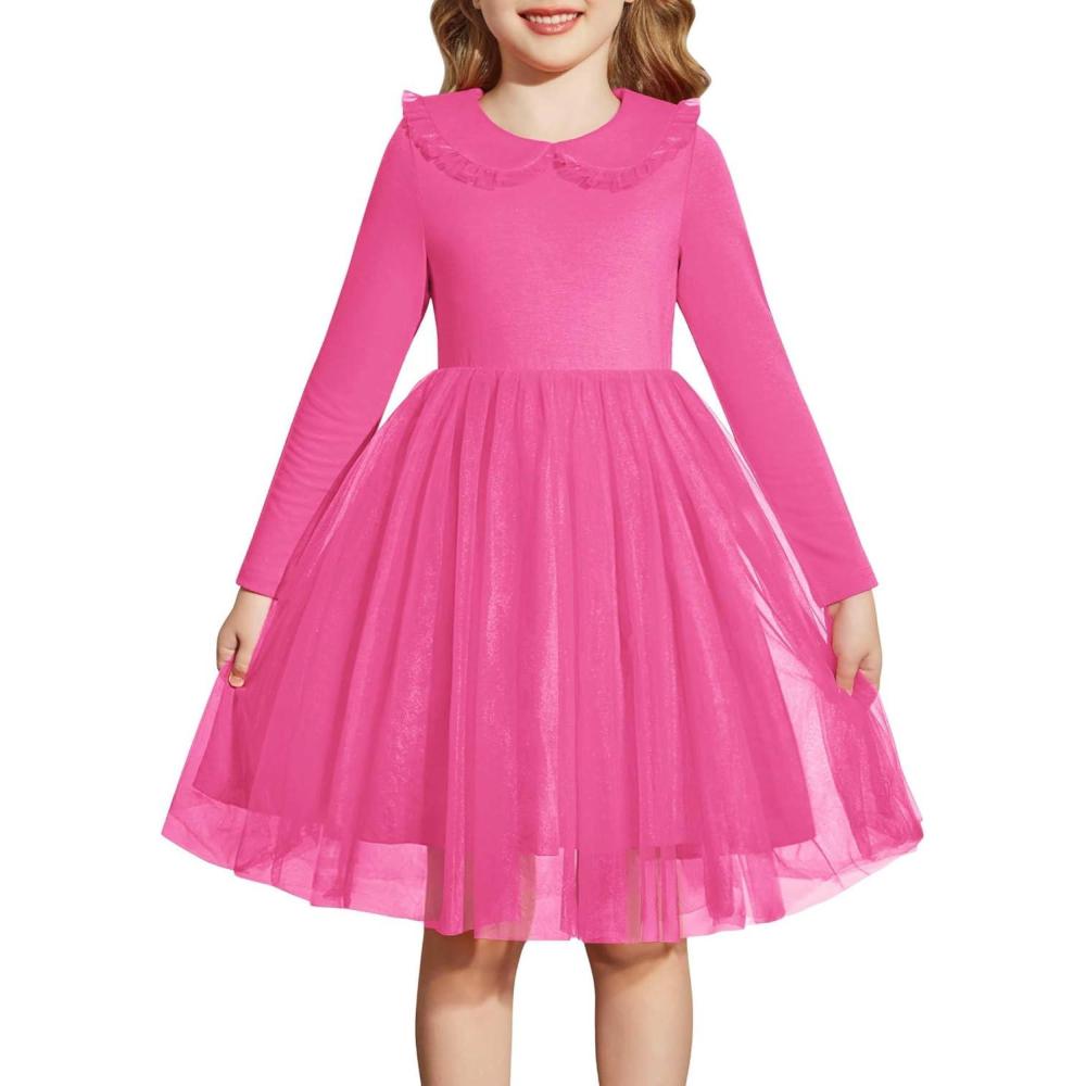 imageArshiner Toddler Tutu Dress Girls Long Sleeve Fall Winter Peter Pan Collar Party Tulle Dresses for 26YHot Pink