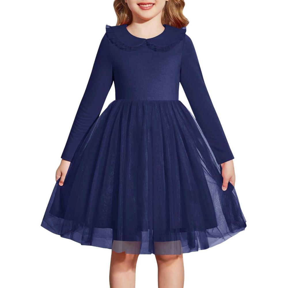 imageArshiner Toddler Tutu Dress Girls Long Sleeve Fall Winter Peter Pan Collar Party Tulle Dresses for 26YNavy Blue