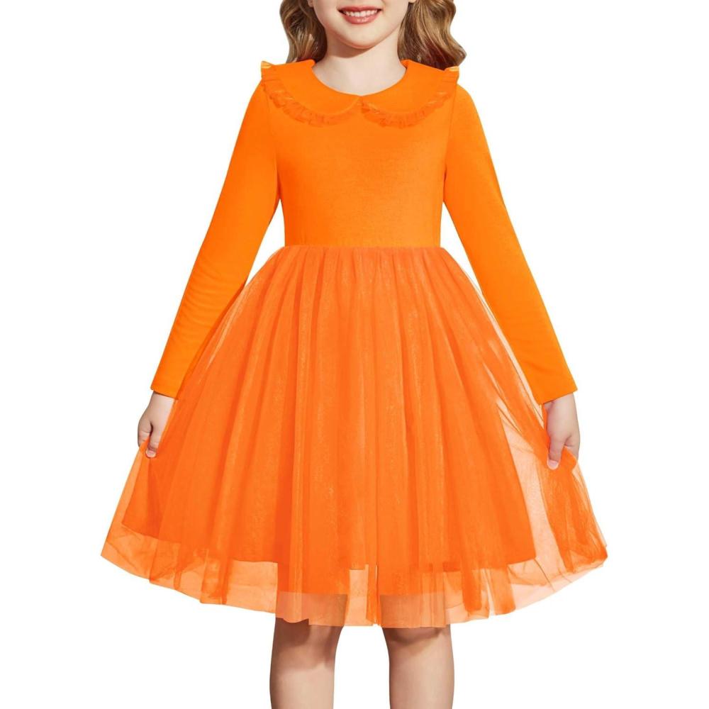 imageArshiner Toddler Tutu Dress Girls Long Sleeve Fall Winter Peter Pan Collar Party Tulle Dresses for 26YOrange