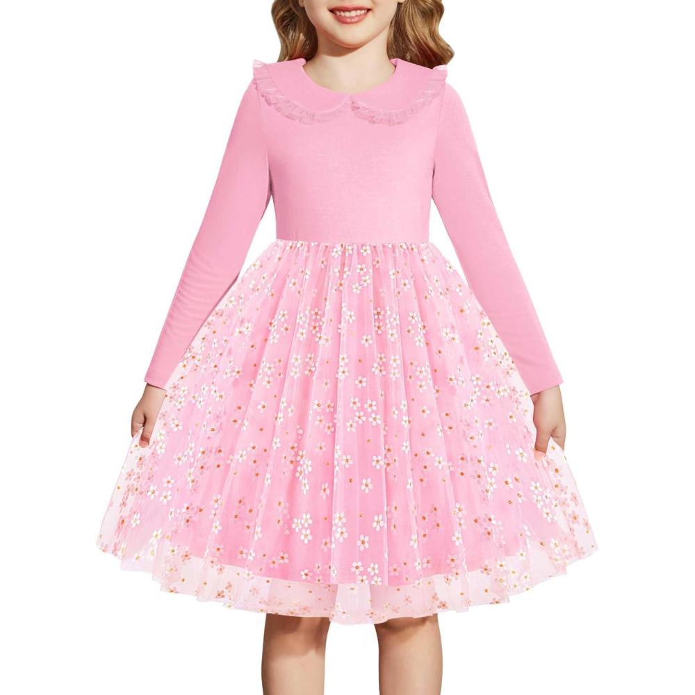 imageArshiner Toddler Tutu Dress Girls Long Sleeve Fall Winter Peter Pan Collar Party Tulle Dresses for 26YPink Flower