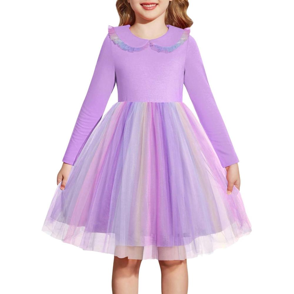 imageArshiner Toddler Tutu Dress Girls Long Sleeve Fall Winter Peter Pan Collar Party Tulle Dresses for 26YPurple Rainbow