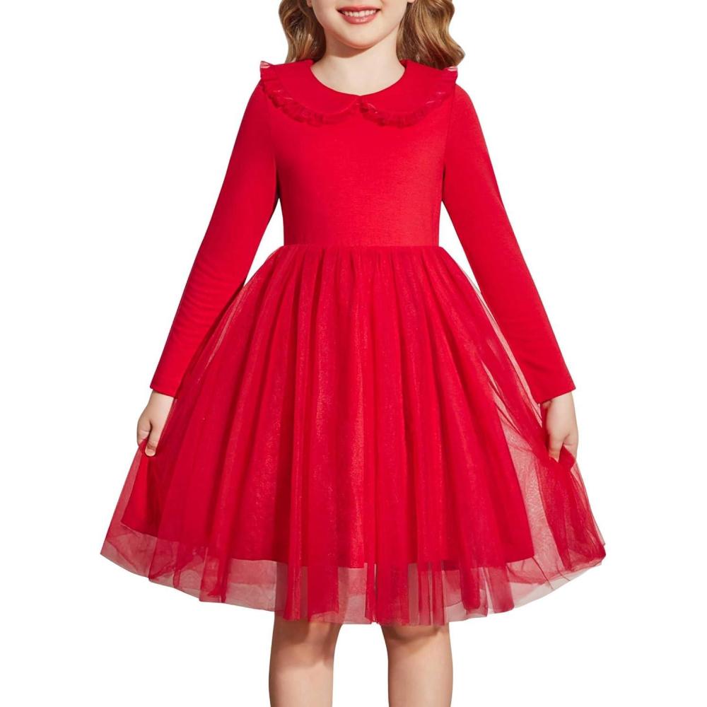 imageArshiner Toddler Tutu Dress Girls Long Sleeve Fall Winter Peter Pan Collar Party Tulle Dresses for 26YRed