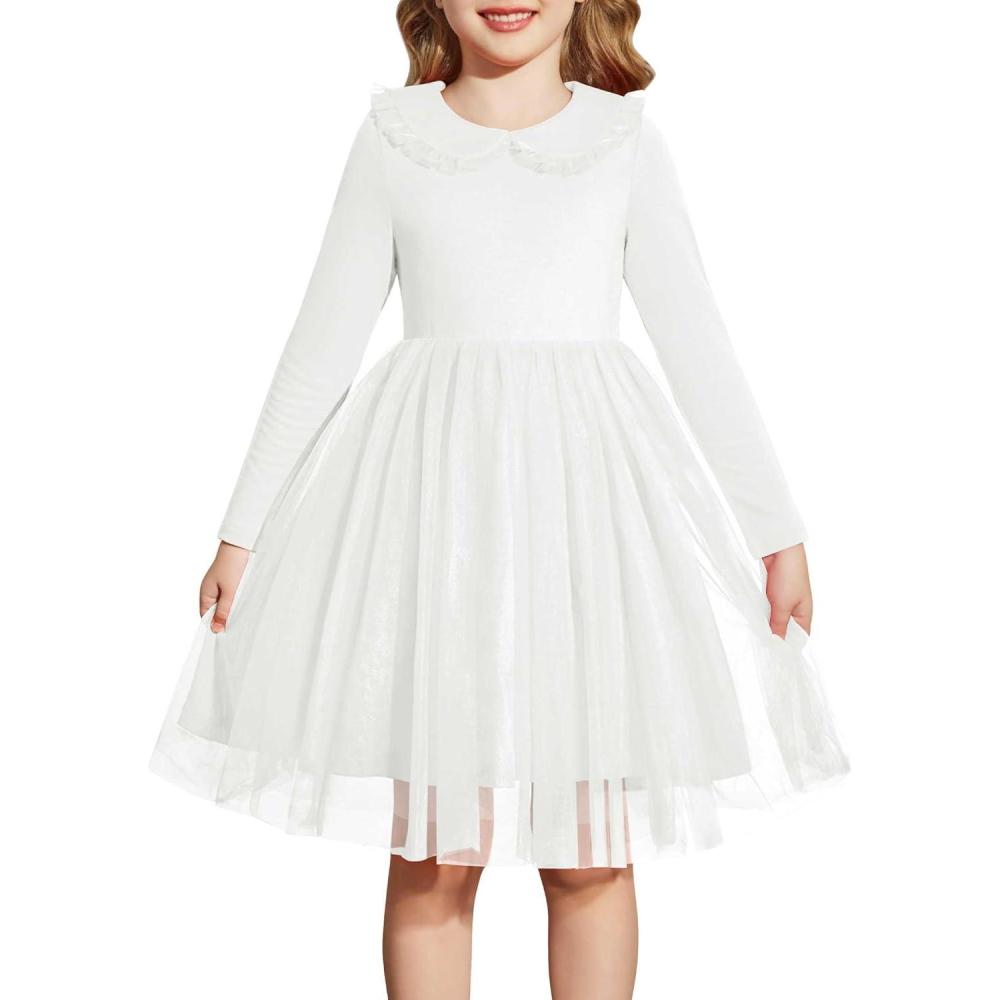 imageArshiner Toddler Tutu Dress Girls Long Sleeve Fall Winter Peter Pan Collar Party Tulle Dresses for 26YWhite