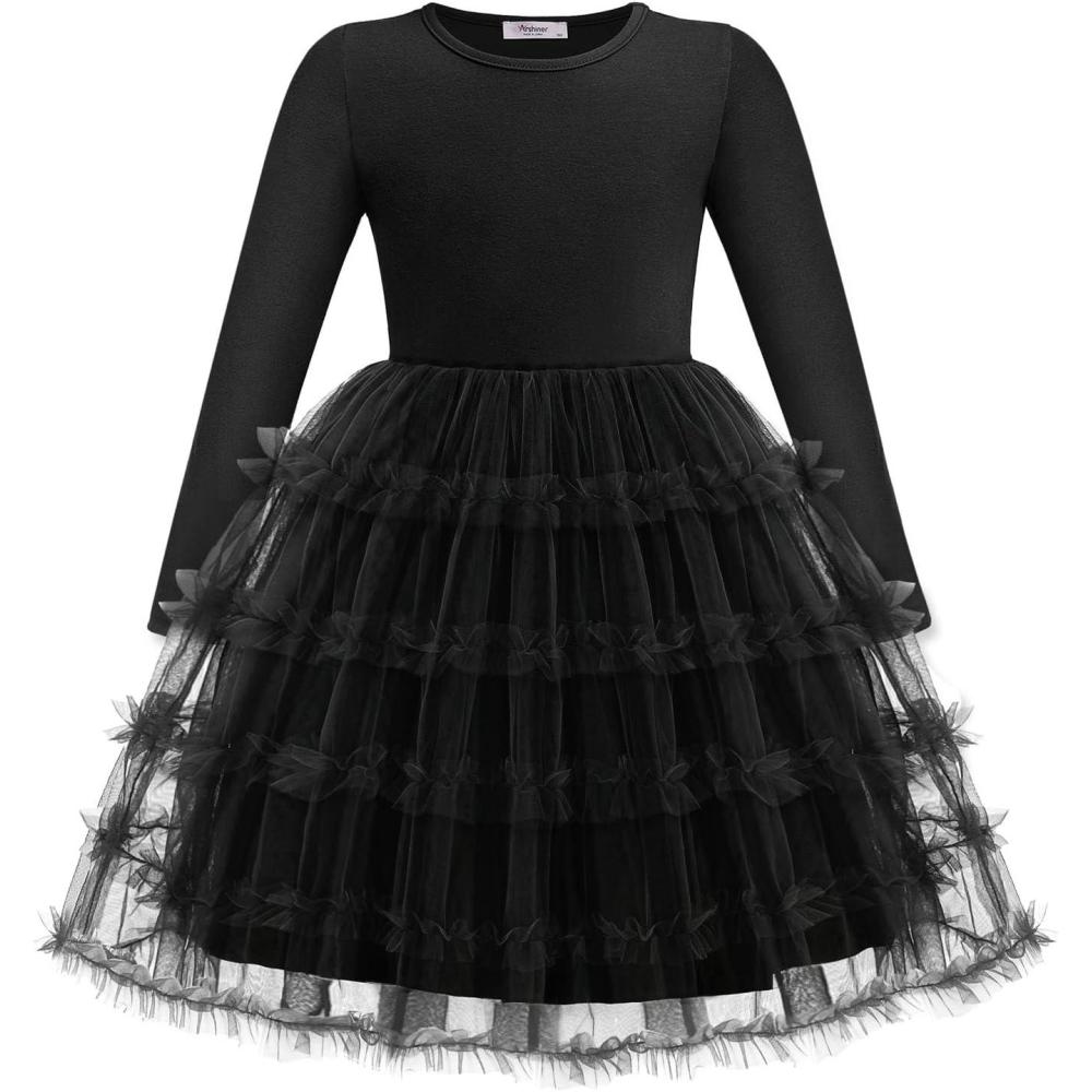 imageArshiner Toddler Tutu Dress Girls Long Sleeve Fall Winter Ruffle Tiered Holiday Party Tulle DressesBlack