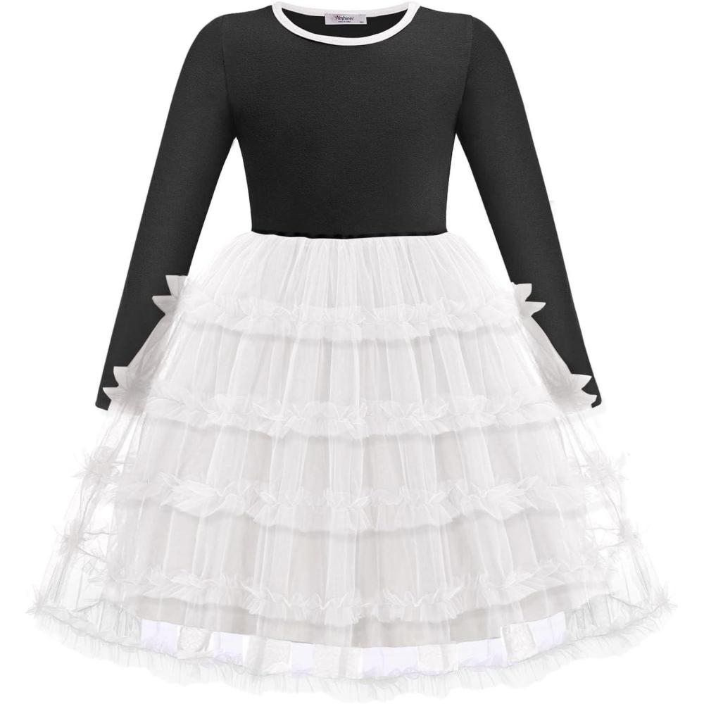 imageArshiner Toddler Tutu Dress Girls Long Sleeve Fall Winter Ruffle Tiered Holiday Party Tulle DressesBlack White