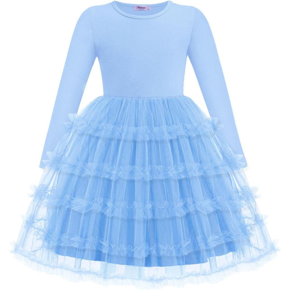 imageArshiner Toddler Tutu Dress Girls Long Sleeve Fall Winter Ruffle Tiered Holiday Party Tulle DressesBlue