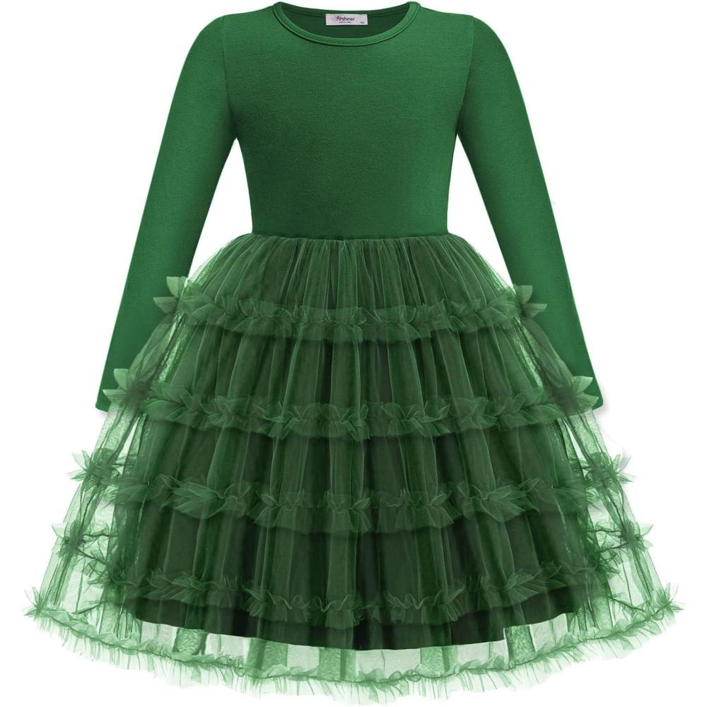 imageArshiner Toddler Tutu Dress Girls Long Sleeve Fall Winter Ruffle Tiered Holiday Party Tulle DressesGreen