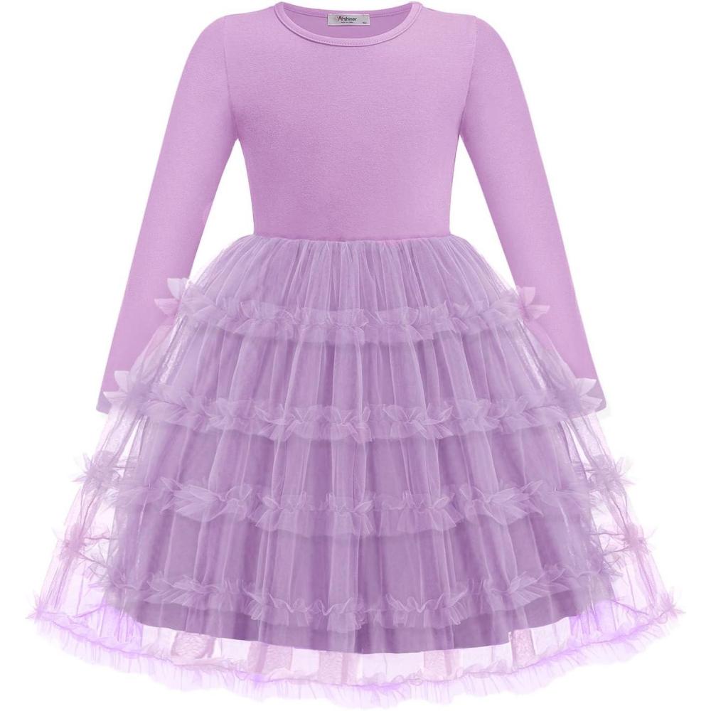 imageArshiner Toddler Tutu Dress Girls Long Sleeve Fall Winter Ruffle Tiered Holiday Party Tulle DressesLavender