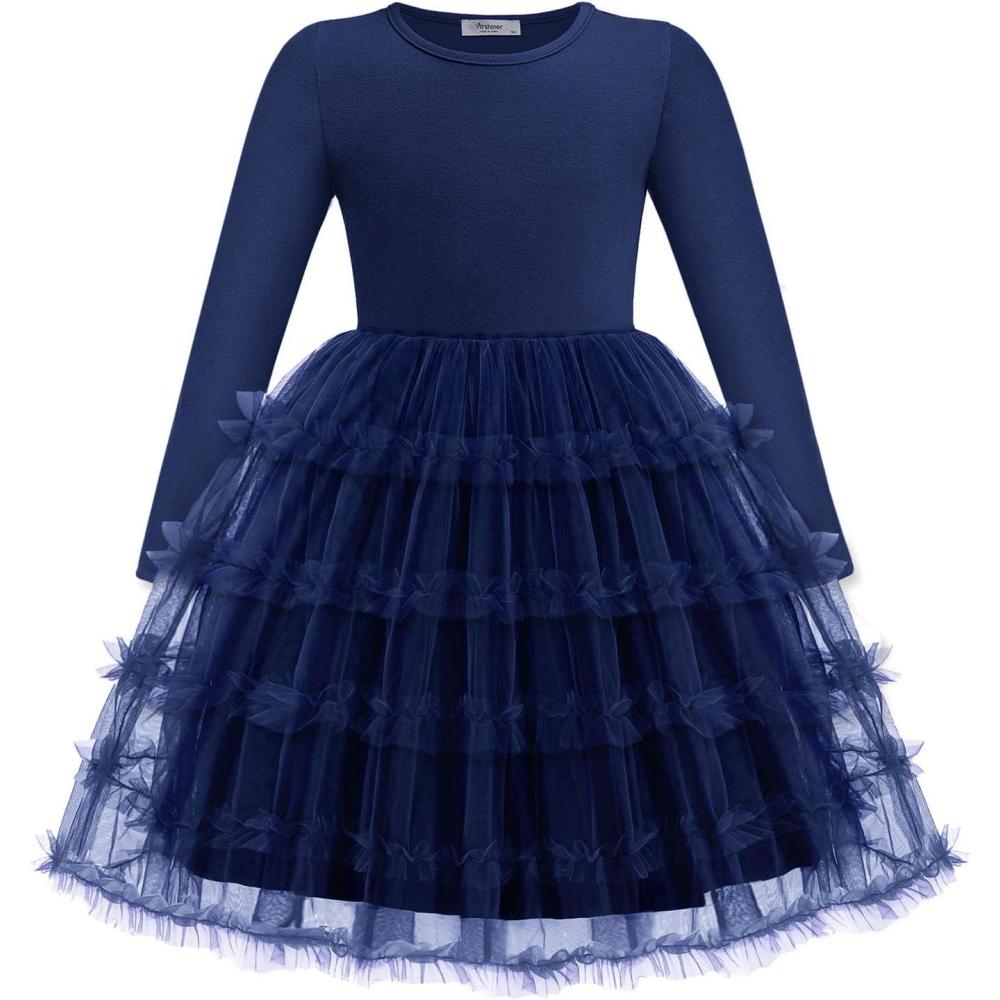imageArshiner Toddler Tutu Dress Girls Long Sleeve Fall Winter Ruffle Tiered Holiday Party Tulle DressesNavy Blue