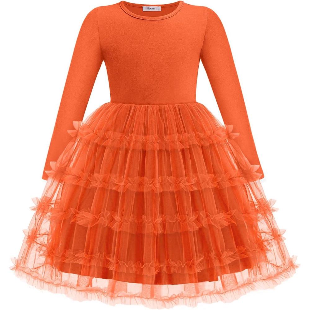 imageArshiner Toddler Tutu Dress Girls Long Sleeve Fall Winter Ruffle Tiered Holiday Party Tulle DressesOrange