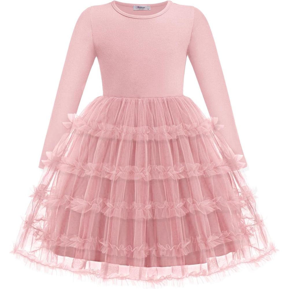 imageArshiner Toddler Tutu Dress Girls Long Sleeve Fall Winter Ruffle Tiered Holiday Party Tulle DressesPink