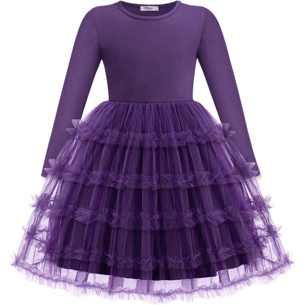imageArshiner Toddler Tutu Dress Girls Long Sleeve Fall Winter Ruffle Tiered Holiday Party Tulle DressesPurple