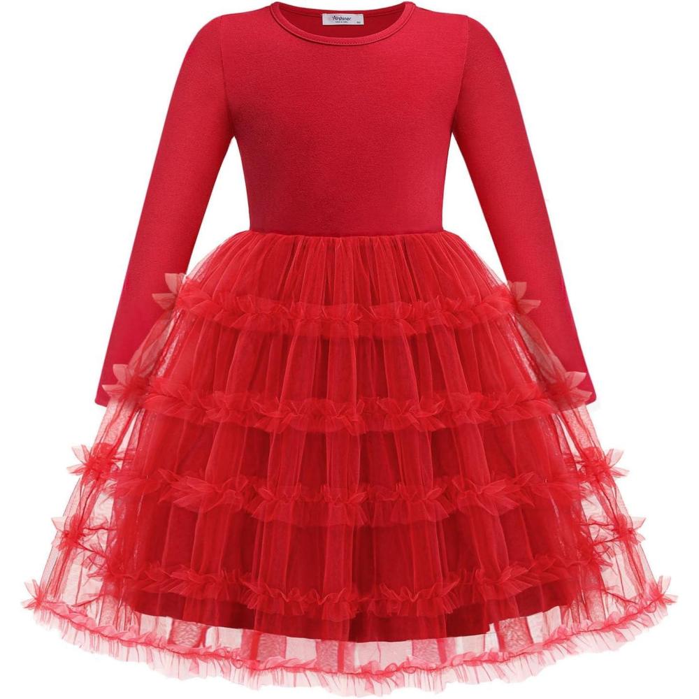 imageArshiner Toddler Tutu Dress Girls Long Sleeve Fall Winter Ruffle Tiered Holiday Party Tulle DressesRed