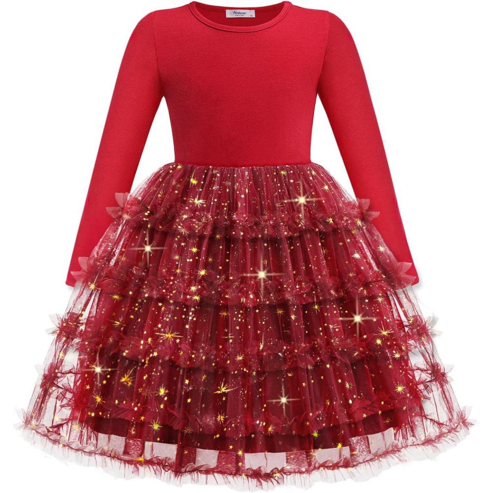 imageArshiner Toddler Tutu Dress Girls Long Sleeve Fall Winter Ruffle Tiered Holiday Party Tulle DressesSequin Red
