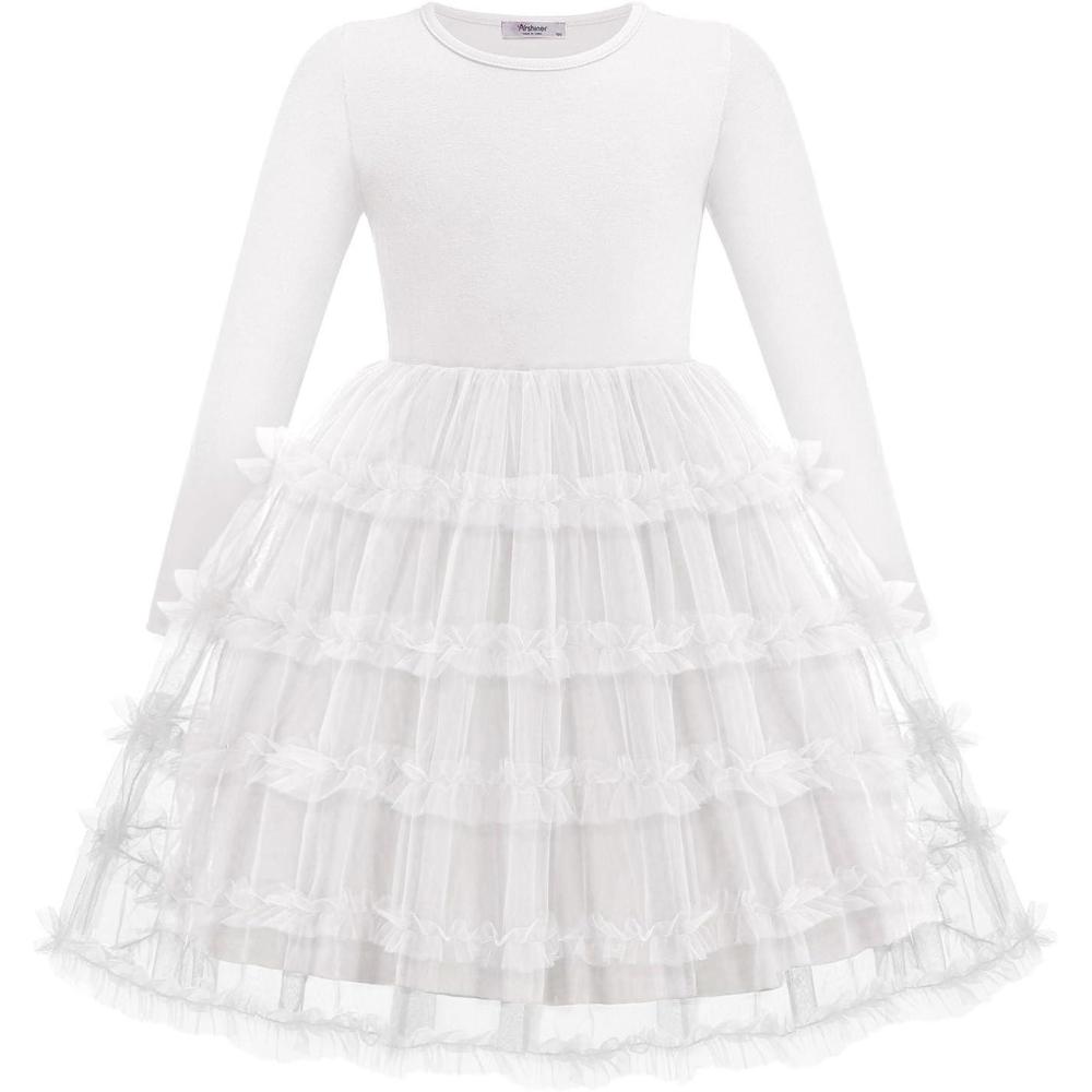 imageArshiner Toddler Tutu Dress Girls Long Sleeve Fall Winter Ruffle Tiered Holiday Party Tulle DressesWhite