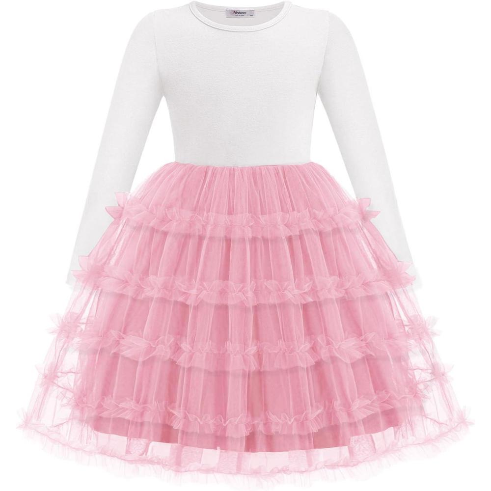 imageArshiner Toddler Tutu Dress Girls Long Sleeve Fall Winter Ruffle Tiered Holiday Party Tulle DressesWhite Pink