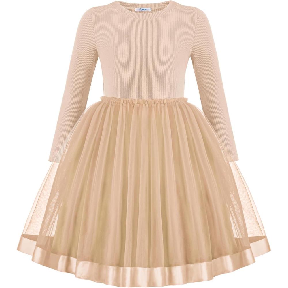 imageArshiner Toddler Tutu Dress Little Girls Fall Winter Long Sleeve Holiday Party Tulle Dresses 38YBeige