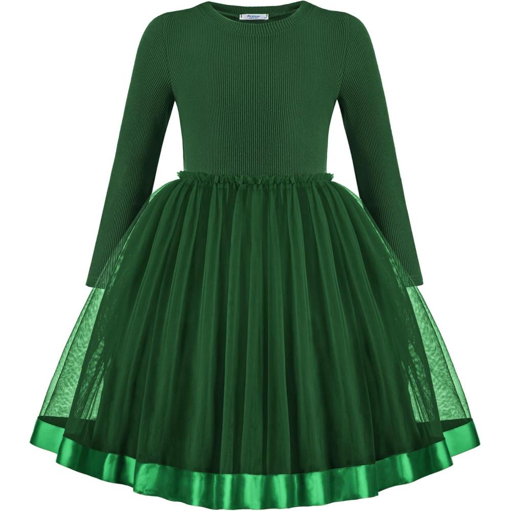 imageArshiner Toddler Tutu Dress Little Girls Fall Winter Long Sleeve Holiday Party Tulle Dresses 38YGreen