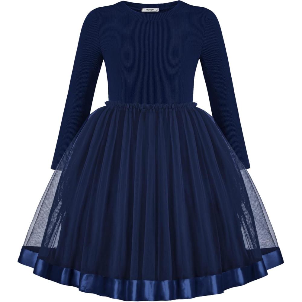 imageArshiner Toddler Tutu Dress Little Girls Fall Winter Long Sleeve Holiday Party Tulle Dresses 38YNavy Blue