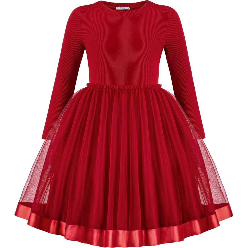 imageArshiner Toddler Tutu Dress Little Girls Fall Winter Long Sleeve Holiday Party Tulle Dresses 38YRed
