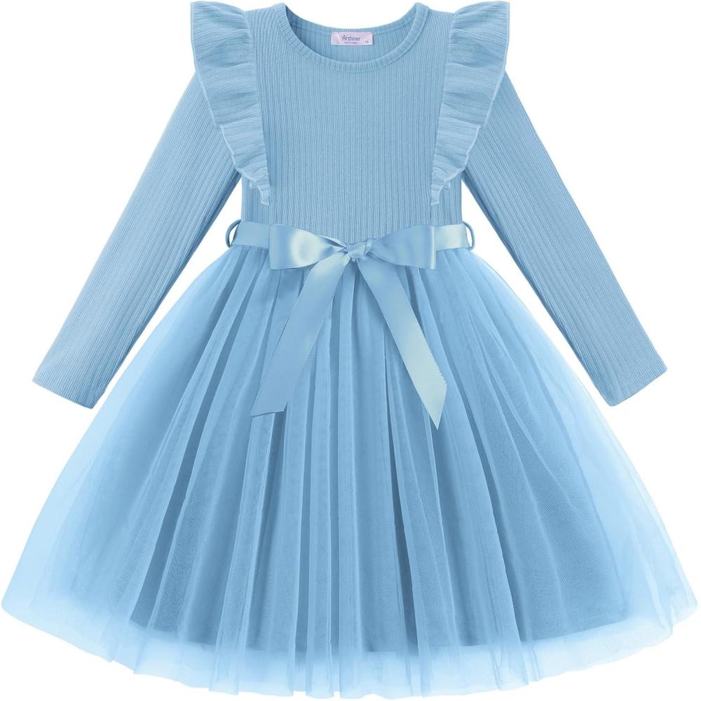 imageArshiner Toddler Tutu Dress Little Girls Long Sleeve Casual Tulle Kids Fall Winter Outfits with RibbonBaby Blue