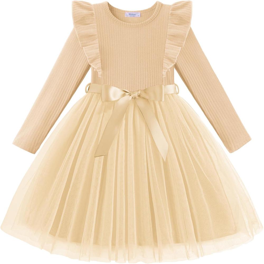 imageArshiner Toddler Tutu Dress Little Girls Long Sleeve Casual Tulle Kids Fall Winter Outfits with RibbonBeige