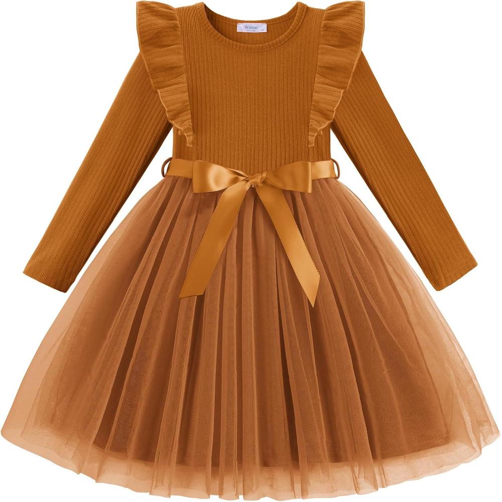 imageArshiner Toddler Tutu Dress Little Girls Long Sleeve Casual Tulle Kids Fall Winter Outfits with RibbonBrown