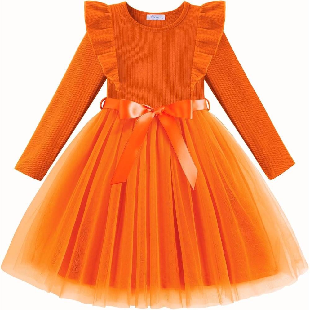 imageArshiner Toddler Tutu Dress Little Girls Long Sleeve Casual Tulle Kids Fall Winter Outfits with RibbonBurnt Orange