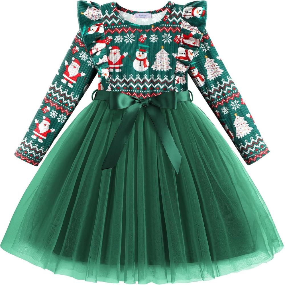 imageArshiner Toddler Tutu Dress Little Girls Long Sleeve Casual Tulle Kids Fall Winter Outfits with RibbonChristmas Green