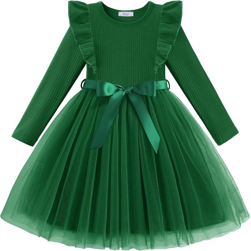 imageArshiner Toddler Tutu Dress Little Girls Long Sleeve Casual Tulle Kids Fall Winter Outfits with RibbonDeep Green