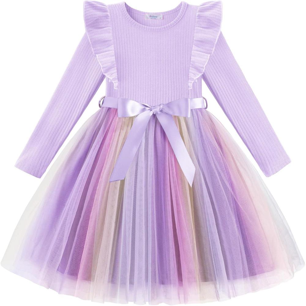 imageArshiner Toddler Tutu Dress Little Girls Long Sleeve Casual Tulle Kids Fall Winter Outfits with RibbonLilac Rainbow