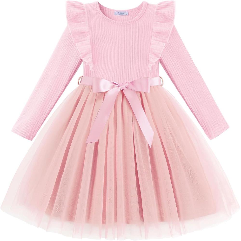 imageArshiner Toddler Tutu Dress Little Girls Long Sleeve Casual Tulle Kids Fall Winter Outfits with RibbonPink