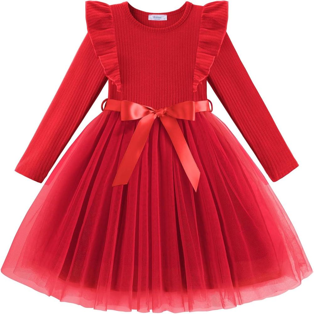 imageArshiner Toddler Tutu Dress Little Girls Long Sleeve Casual Tulle Kids Fall Winter Outfits with RibbonRed