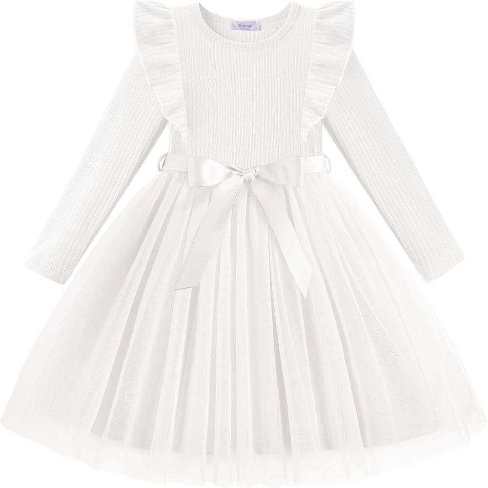 imageArshiner Toddler Tutu Dress Little Girls Long Sleeve Casual Tulle Kids Fall Winter Outfits with RibbonWhite
