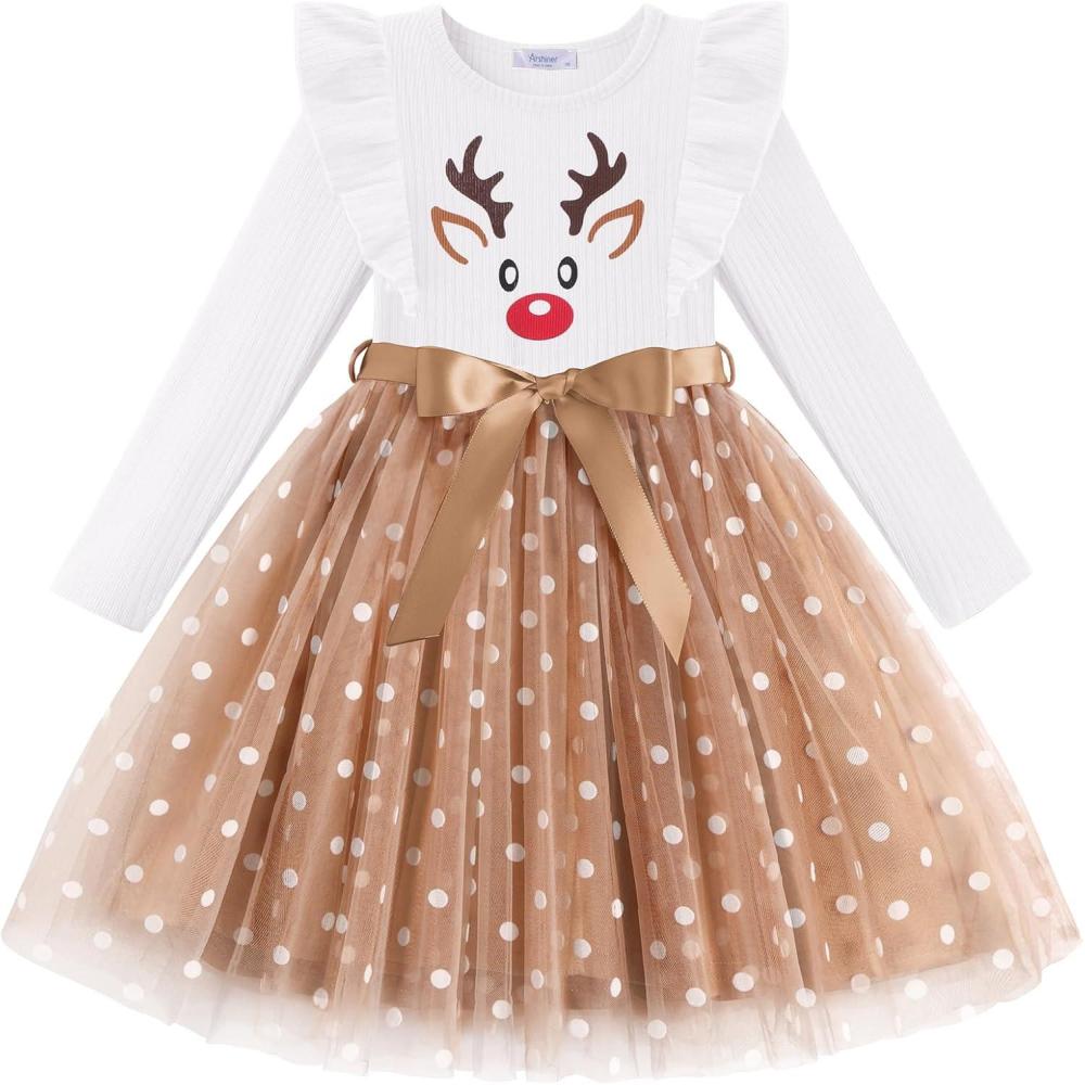 imageArshiner Toddler Tutu Dress Little Girls Long Sleeve Casual Tulle Kids Fall Winter Outfits with RibbonWhite Reindeer