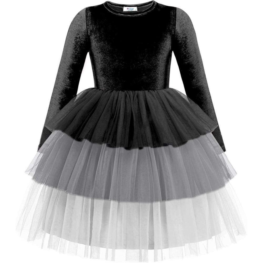 imageArshiner Toddler Velvet Dress Girls Tulle Tutu Fall Winter Long Sleeve Tiered Holiday Party Dresses 28YBlack Gray