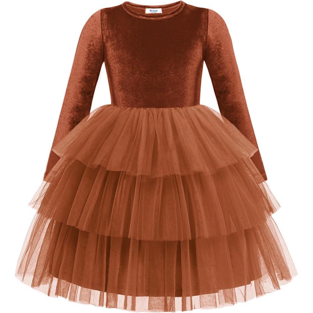 imageArshiner Toddler Velvet Dress Girls Tulle Tutu Fall Winter Long Sleeve Tiered Holiday Party Dresses 28YCaramel