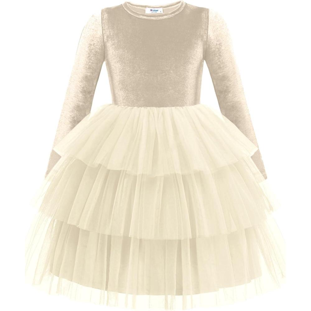 imageArshiner Toddler Velvet Dress Girls Tulle Tutu Fall Winter Long Sleeve Tiered Holiday Party Dresses 28YChampagne