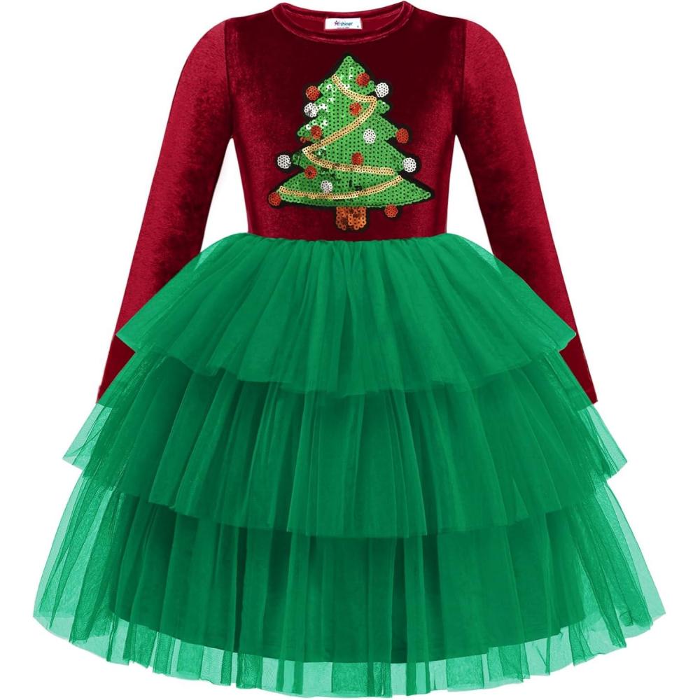imageArshiner Toddler Velvet Dress Girls Tulle Tutu Fall Winter Long Sleeve Tiered Holiday Party Dresses 28YChristmas Green Tree