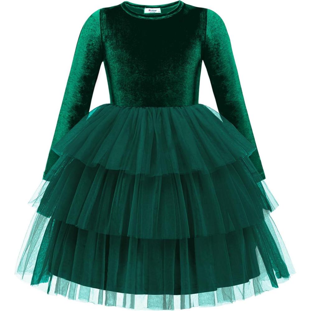 imageArshiner Toddler Velvet Dress Girls Tulle Tutu Fall Winter Long Sleeve Tiered Holiday Party Dresses 28YGreen