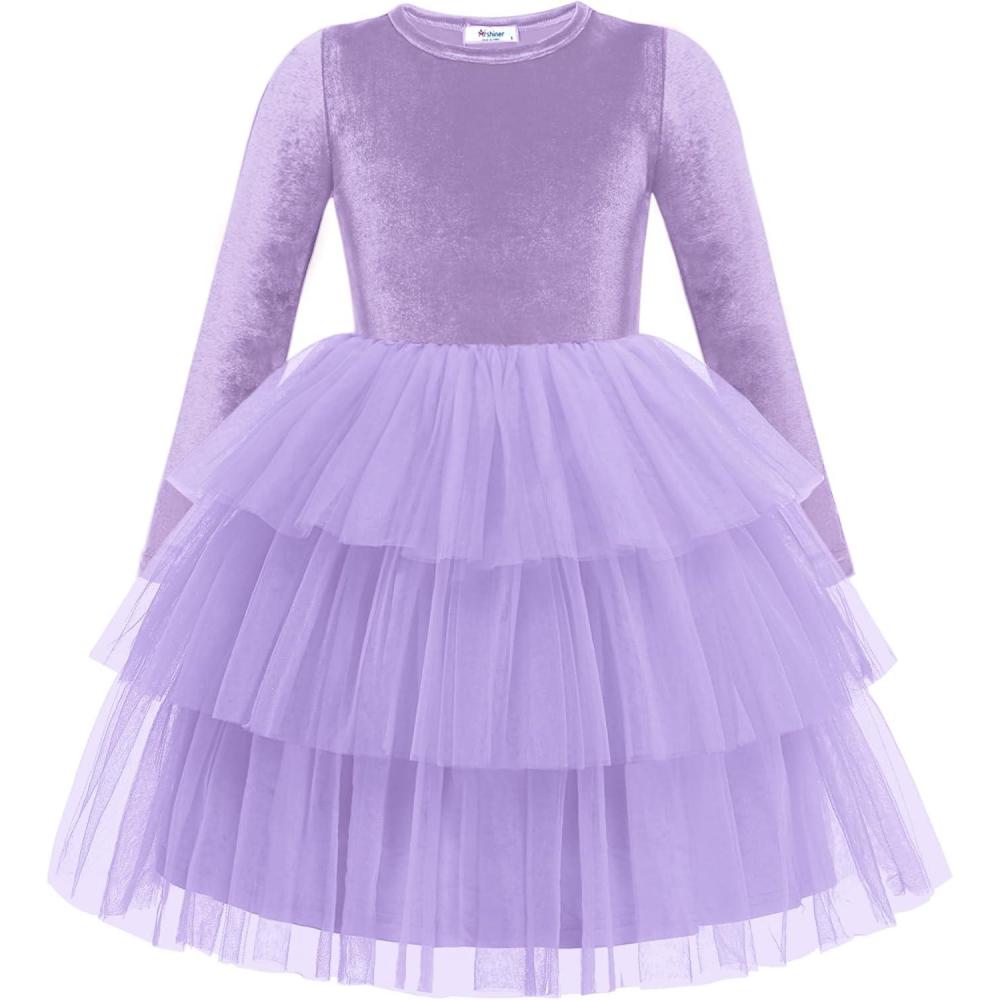 imageArshiner Toddler Velvet Dress Girls Tulle Tutu Fall Winter Long Sleeve Tiered Holiday Party Dresses 28YLavender