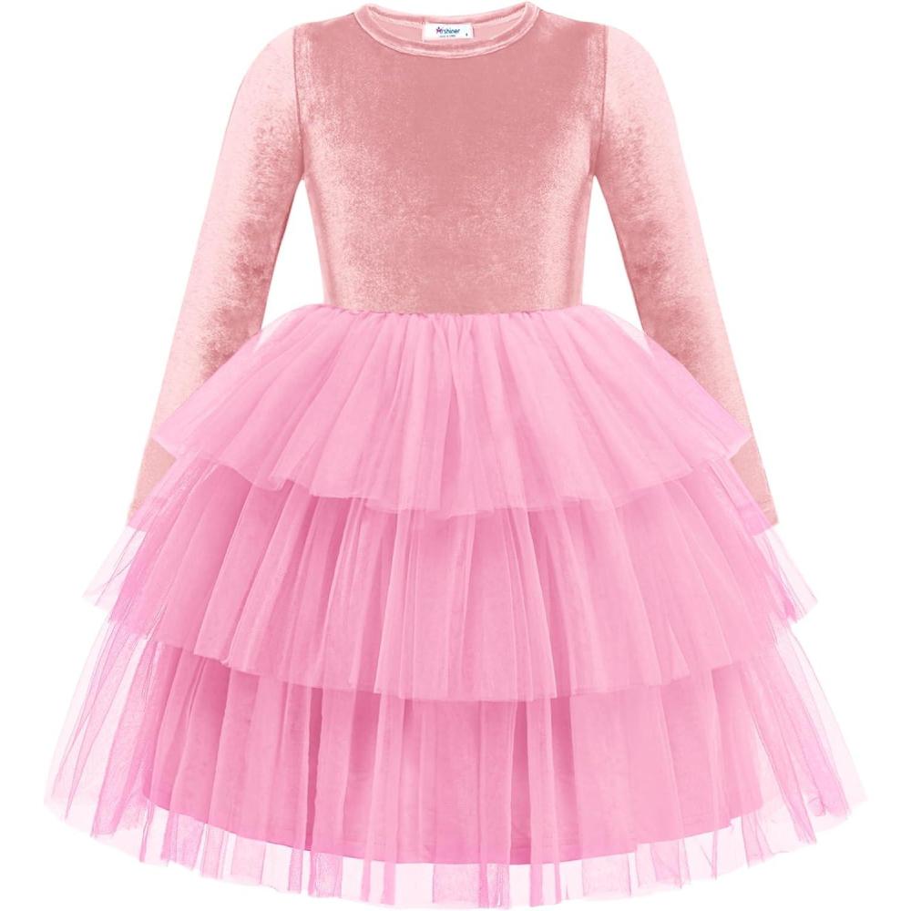 imageArshiner Toddler Velvet Dress Girls Tulle Tutu Fall Winter Long Sleeve Tiered Holiday Party Dresses 28YPink