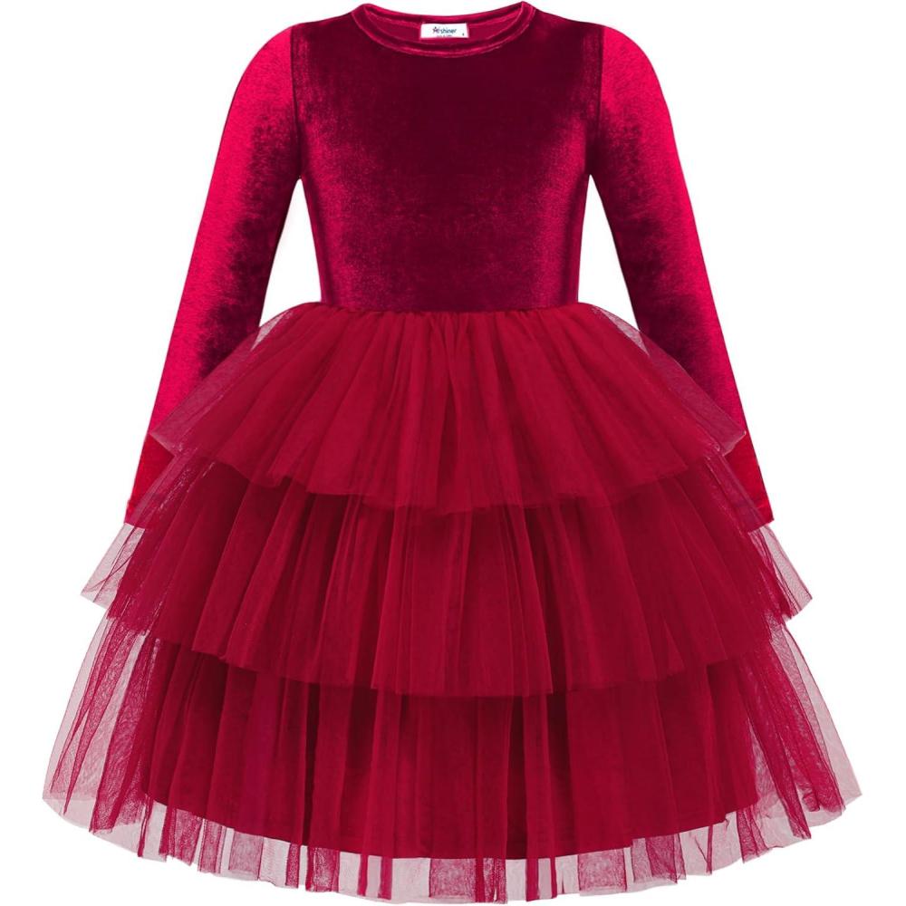 imageArshiner Toddler Velvet Dress Girls Tulle Tutu Fall Winter Long Sleeve Tiered Holiday Party Dresses 28YRed