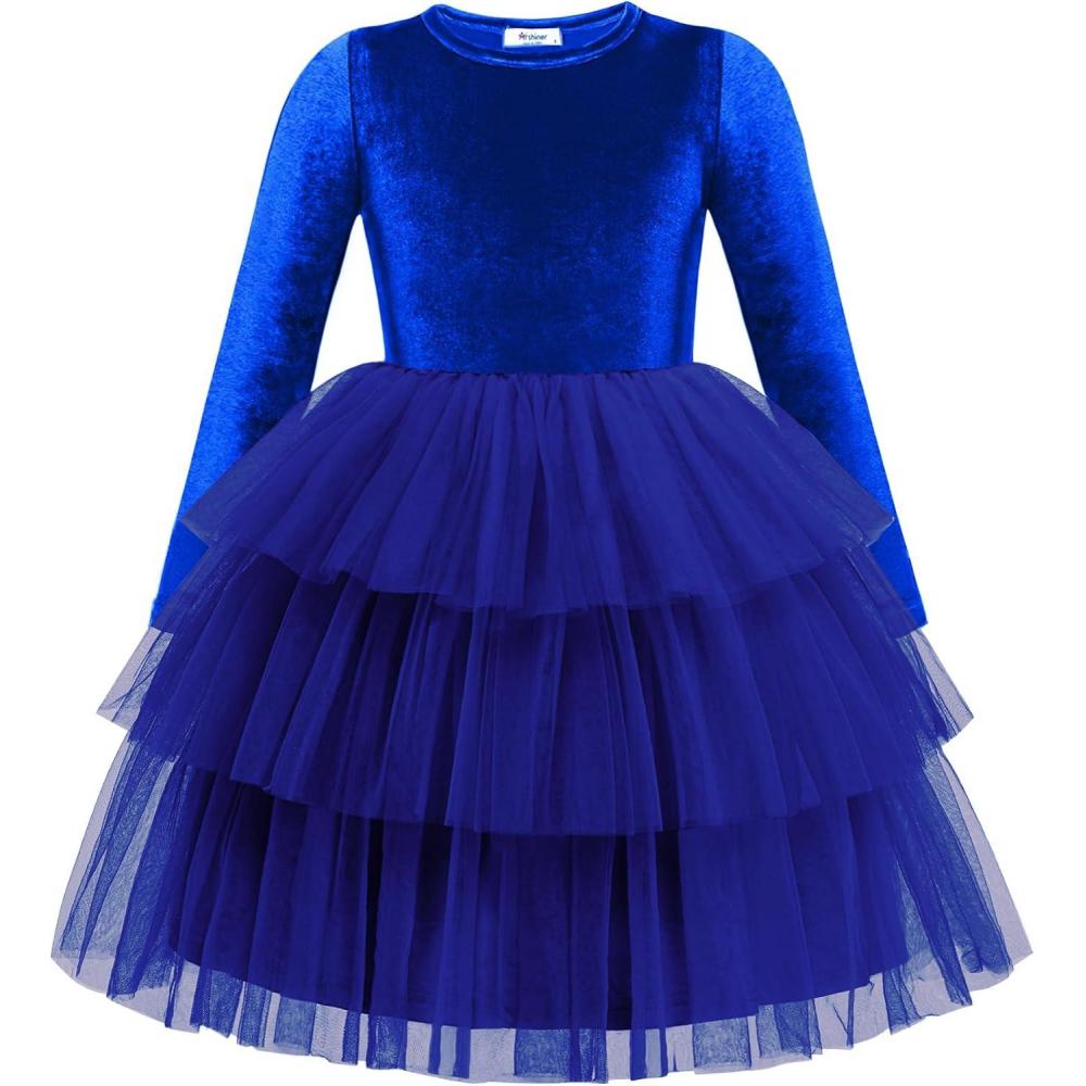 imageArshiner Toddler Velvet Dress Girls Tulle Tutu Fall Winter Long Sleeve Tiered Holiday Party Dresses 28YSky Blue