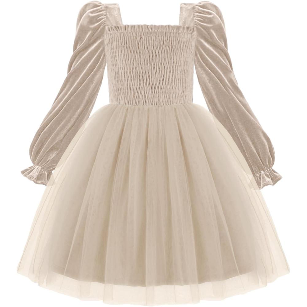 imageArshiner Toddler Velvet Tutu Dress Tulle Puff Long Sleeve Square Neck Smocked Fall Winter Formal Party Birthday DressesBeige