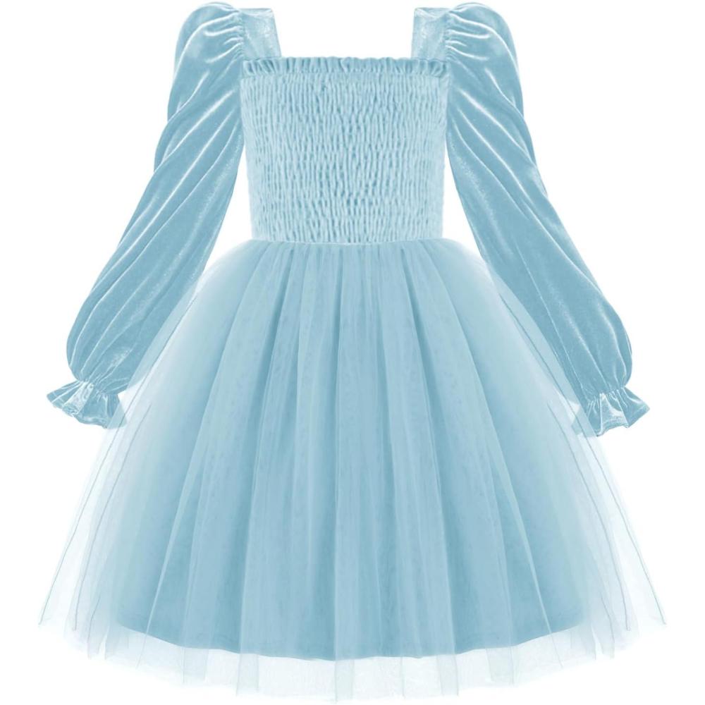 imageArshiner Toddler Velvet Tutu Dress Tulle Puff Long Sleeve Square Neck Smocked Fall Winter Formal Party Birthday DressesBlue