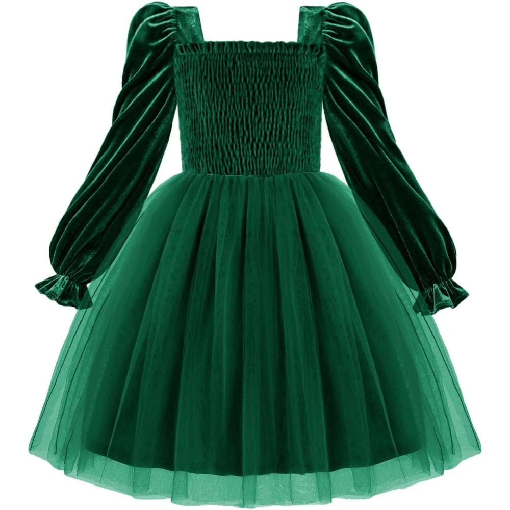 imageArshiner Toddler Velvet Tutu Dress Tulle Puff Long Sleeve Square Neck Smocked Fall Winter Formal Party Birthday DressesGreen