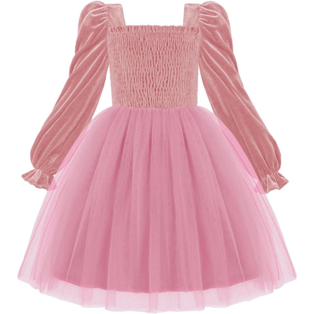 imageArshiner Toddler Velvet Tutu Dress Tulle Puff Long Sleeve Square Neck Smocked Fall Winter Formal Party Birthday DressesPink