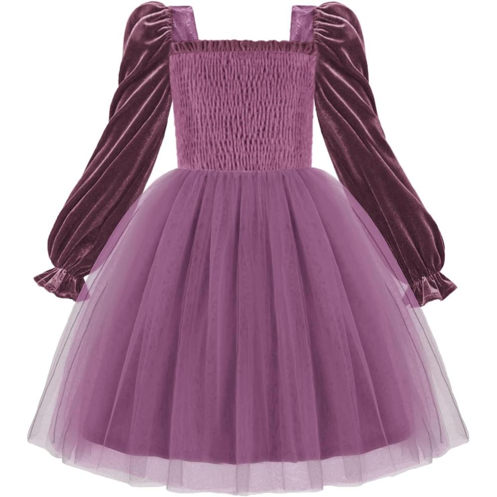 imageArshiner Toddler Velvet Tutu Dress Tulle Puff Long Sleeve Square Neck Smocked Fall Winter Formal Party Birthday DressesPurple