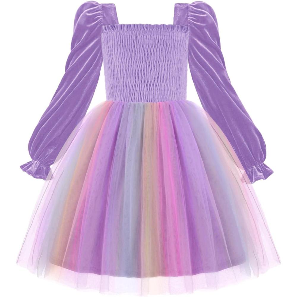 imageArshiner Toddler Velvet Tutu Dress Tulle Puff Long Sleeve Square Neck Smocked Fall Winter Formal Party Birthday DressesPurple Rainbow